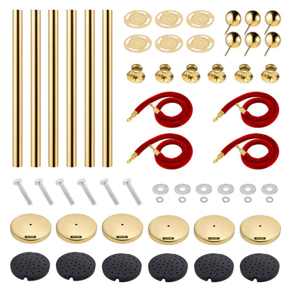Stolpe med sammetsrep, 6-pack stolpe för publikkontroll med 4 st. 1,5 m röda sammetsrep, köavgränsare i rostfritt stål med bolltopp för evenemang, museer, fester
