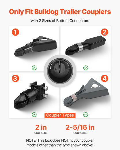 Trailer Lock, Fits 50.6 & 58.6 mm Bulldog Trailer Couplers, Heavy Duty Hitch Lock with 3 Keys Secures Security Chains, Corrision-resistant, Anti-Theft RV Trailer Locks for RV, Trailer, Boat