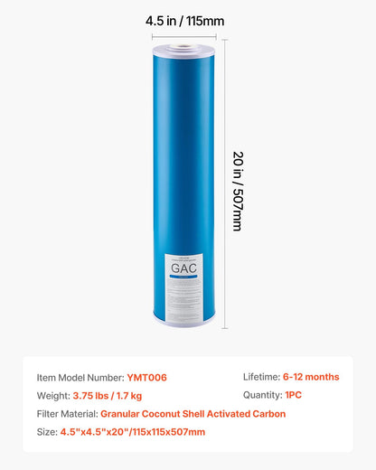 Whole House Water Filter Replacement Cartridge, 4.5"x20"(11x51cm) GAC Activated Carbon, Replacement Filter for Whole Home Water Filtration System, Reduce Chlorine, Chemicals, Taste Odor