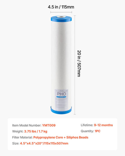 Whole House Water Filter Replacement Cartridge, 4.5"x20"(11x51cm) Polyphosphate Scale Inhibitor Filter for Whole Home Filtration System, Reduce Chlorine, Taste, Odor, Prevent Corrosion