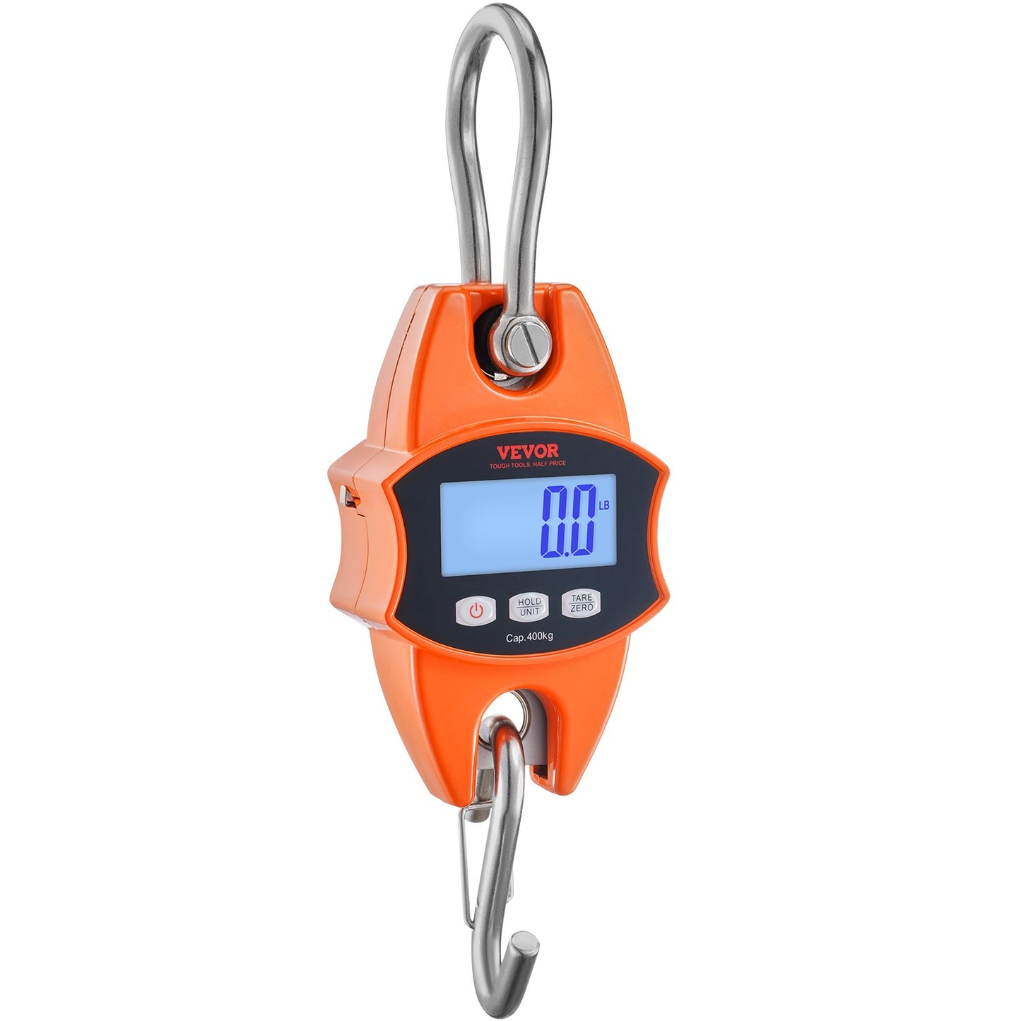 Digital Crane Scale, 880 lbs/400 kg, Industrial Heavy Duty Hanging Scale with Cast Aluminum Case & LCD Screen, Handheld Mini Crane with Hooks for Farm, Hunting, Fishing, Outdoor, Garage (Orange)