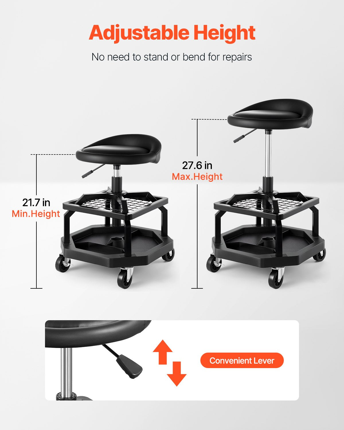 Rullande verkstadspall, pneumatisk garagestol/arbetspall med 136 kg kapacitet, justerbar höjd med rullande krypsits, 360° vridbar vadderad verkstadspall med hjul, för garage, verkstad och bilreparationer