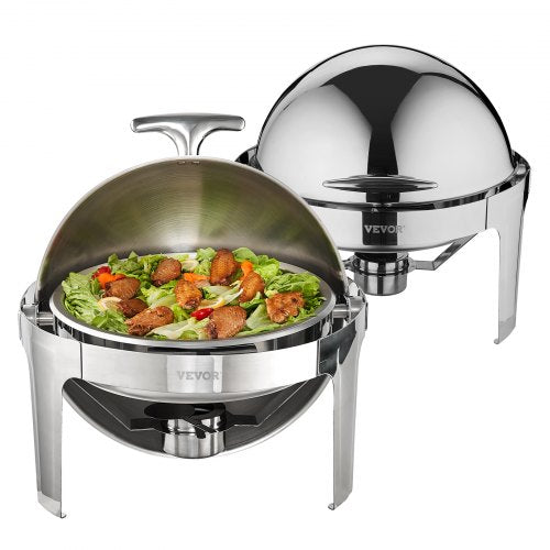 Roll Top Chafing Dish Buffet Set, 6 Qt 2 Pack, Stainless Steel Chafer with 2 Full Size Pans, Round Catering Warmer Server with Lid Water Pan Stand Fuel Holder, for at Least 5 People