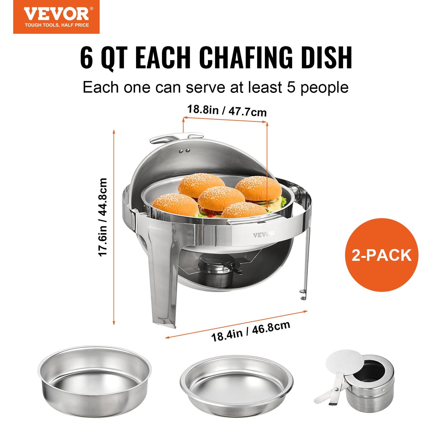 Roll Top Chafing Dish Buffet Set, 6 Qt 2 Pack, Stainless Steel Chafer with 2 Full Size Pans, Round Catering Warmer Server with Lid Water Pan Stand Fuel Holder, for at Least 5 People