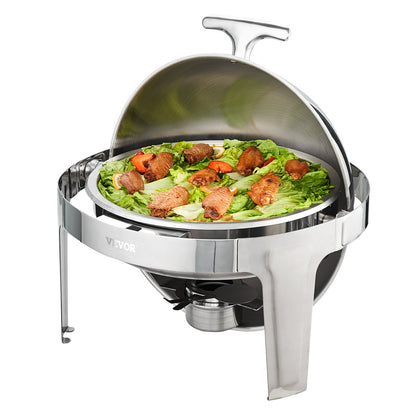 Roll Top Chafing Dish Buffet Set, 6 Qt 2 Pack, Stainless Steel Chafer with 2 Full Size Pans, Round Catering Warmer Server with Lid Water Pan Stand Fuel Holder, for at Least 5 People