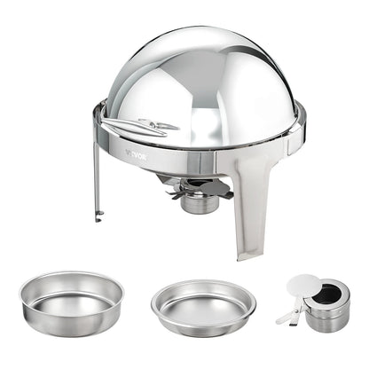 Roll Top Chafing Dish Buffet Set, 6 Qt 2 Pack, Stainless Steel Chafer with 2 Full Size Pans, Round Catering Warmer Server with Lid Water Pan Stand Fuel Holder, for at Least 5 People
