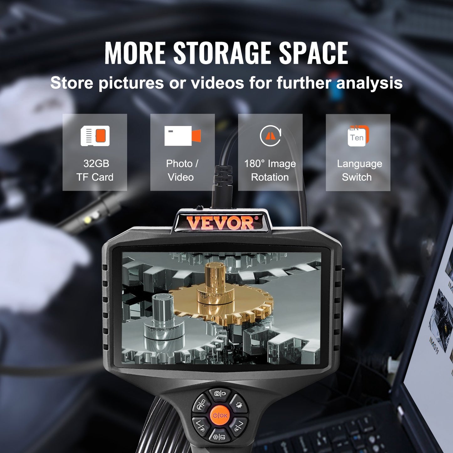 Triple Lens Inspection Camera with Light, 12.7cm IPS Screen Industrial Borescope, 8X Zoom 1080P HD Split Screen, 10 LED Lights Scope Camera for Automotive, Plumbing (5m)