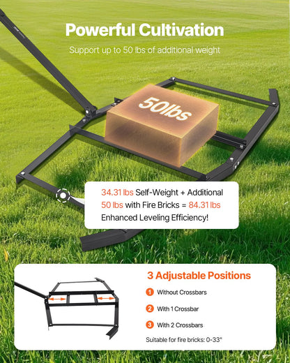 Dragharv, 74" bred bogserad bakom dragharv, Q235 stålväghyvel med justerbara stänger och dragkrok, stöder upp till 23 kg, traktoruppfartsharv för ATV, UTV, trädgårdstraktorer