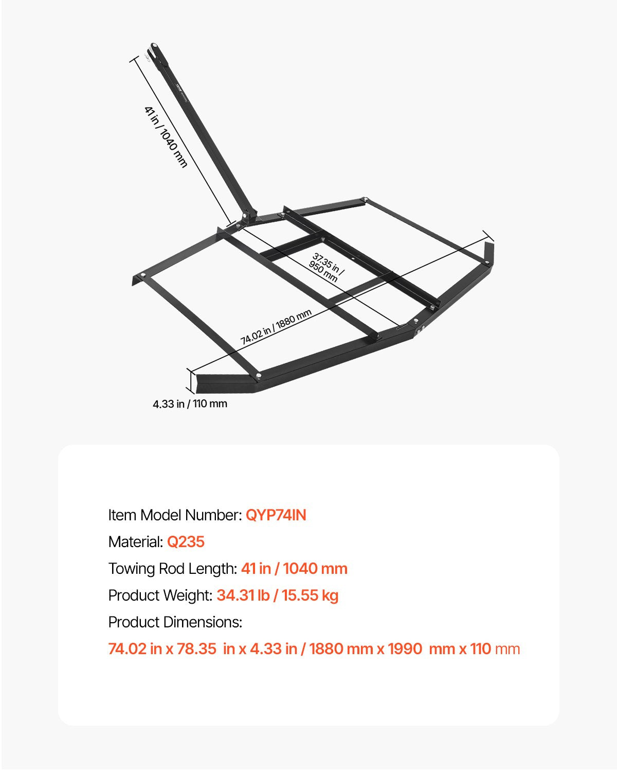 Dragharv, 74" bred bogserad bakom dragharv, Q235 stålväghyvel med justerbara stänger och dragkrok, stöder upp till 23 kg, traktoruppfartsharv för ATV, UTV, trädgårdstraktorer