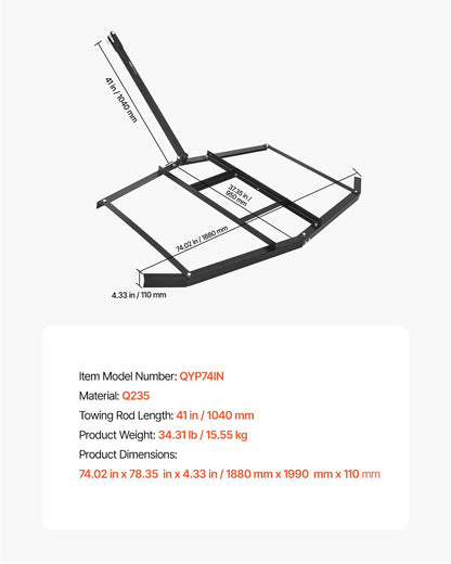 Dragharv, 74" bred bogserad bakom dragharv, Q235 stålväghyvel med justerbara stänger och dragkrok, stöder upp till 23 kg, traktoruppfartsharv för ATV, UTV, trädgårdstraktorer
