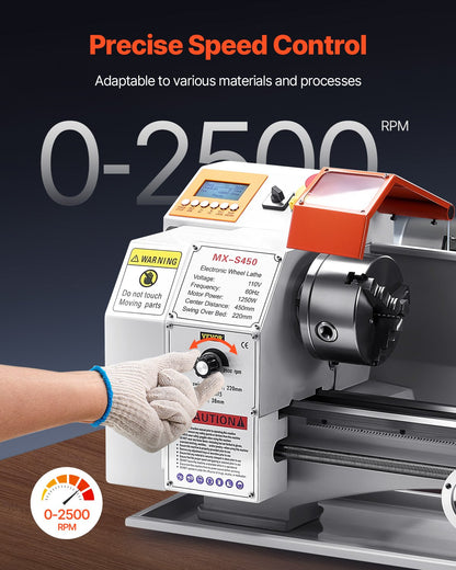 Metal Lathe Machine, 220 x 450 mm(8.7 x 18 in), Precision Bench Power Metal Lathe, Automatic Feed, 0-2500 RPM Variable Speed, 1250W Brushless Motor, for Processing Precision Parts Soft Metals Wood Plastics
