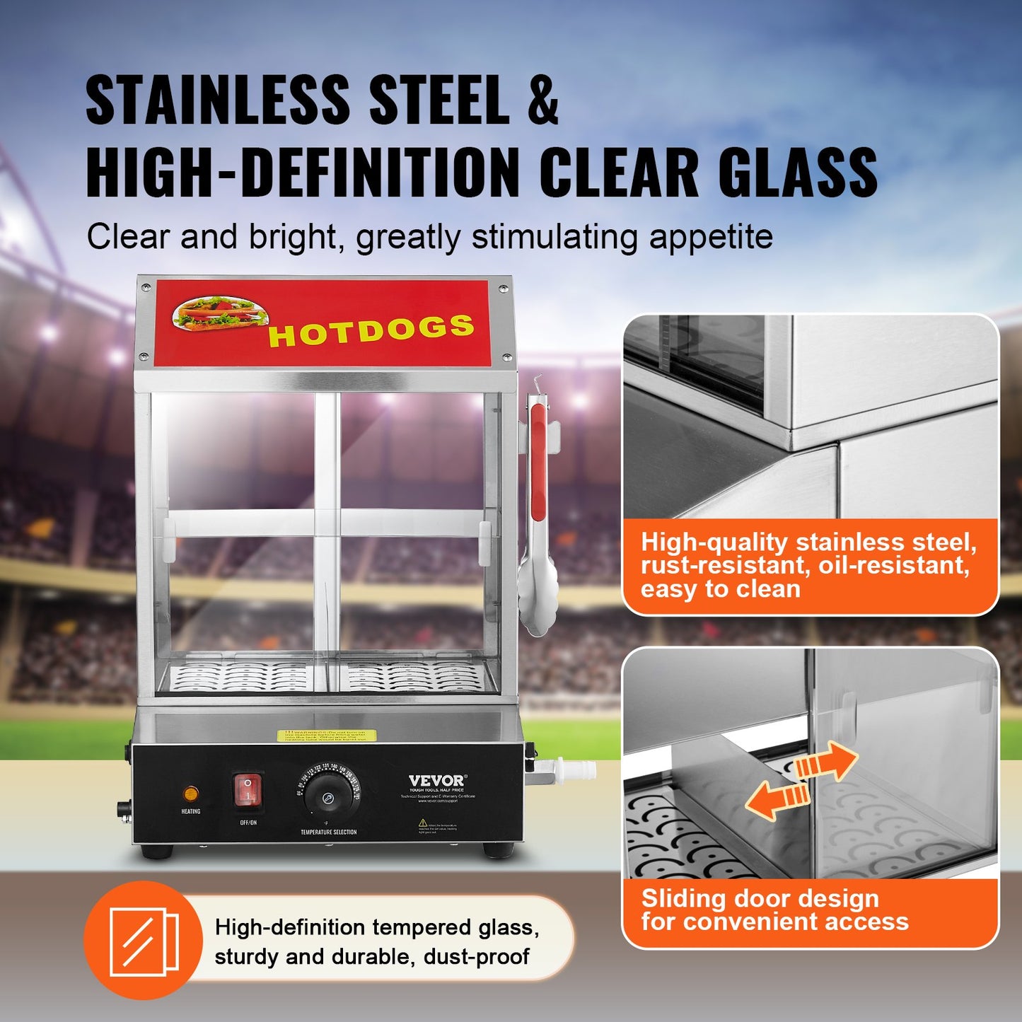 Hot Dog Steamer, 27L, 2-Tier Hot Dog Hut Steamer, 30℃~85℃ Temperature Control, Electric Bun Warmer with Tempered Glass Slide Doors Partition Plate Tong, Stainless Steel, for Hot Dogs & Buns