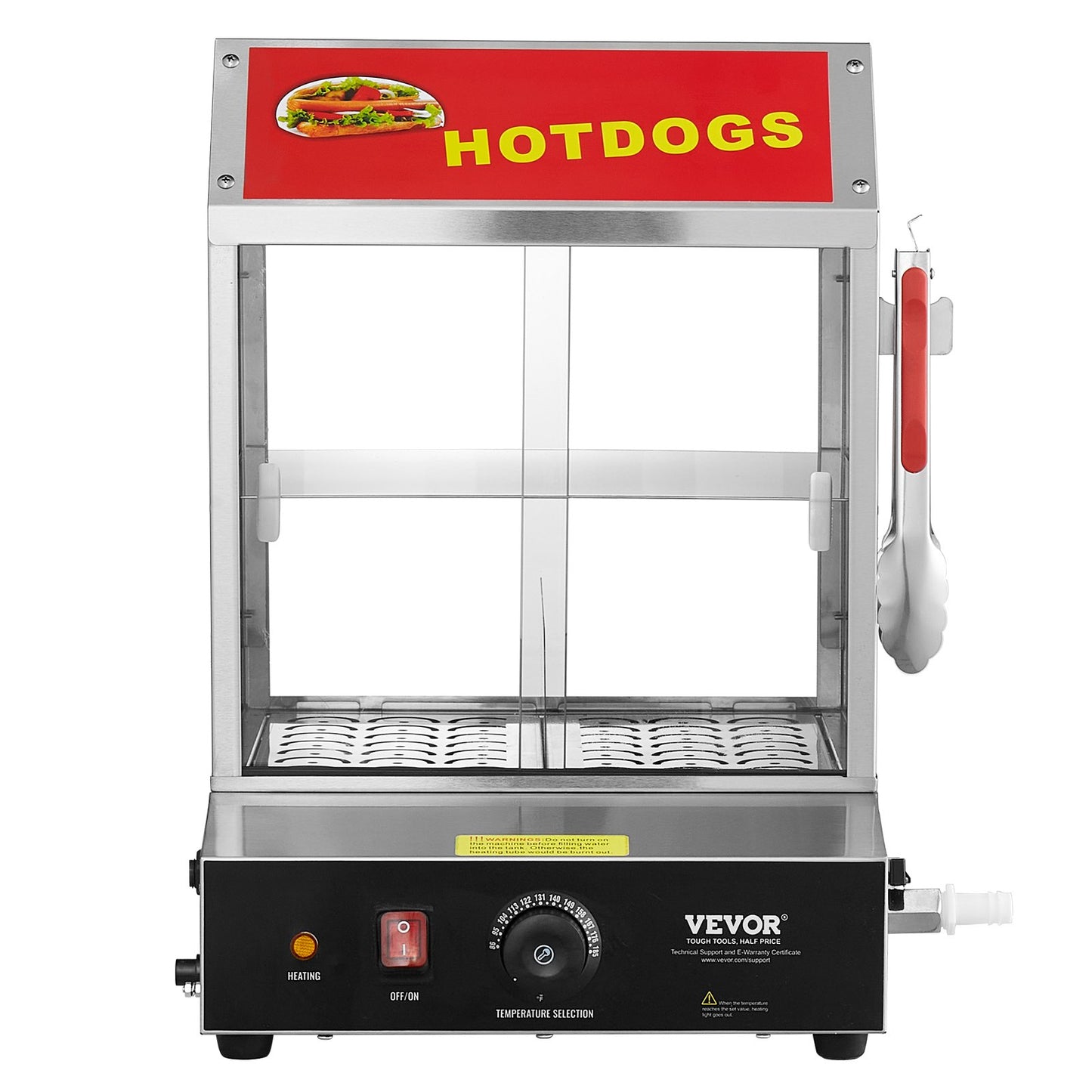 Hot Dog Steamer, 27L, 2-Tier Hot Dog Hut Steamer, 30℃~85℃ Temperature Control, Electric Bun Warmer with Tempered Glass Slide Doors Partition Plate Tong, Stainless Steel, for Hot Dogs & Buns