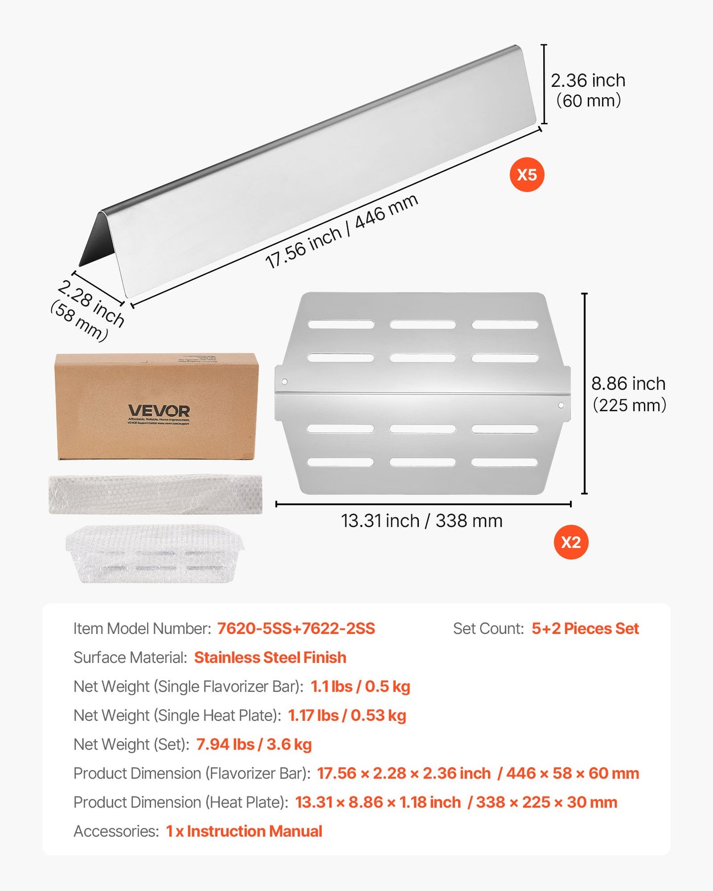 Smaksättningsstänger och värmeavvisare, 44 cm grillreservdel, för Weber Genesis 300-seriens grillar, inklusive E310 E320 E330 S310 S320 S330, tjockare värmeplatta i rostfritt stål, 7-pack