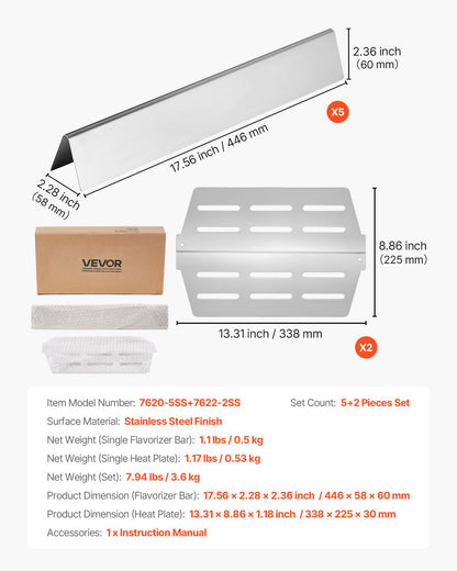 Smaksättningsstänger och värmeavvisare, 44 cm grillreservdel, för Weber Genesis 300-seriens grillar, inklusive E310 E320 E330 S310 S320 S330, tjockare värmeplatta i rostfritt stål, 7-pack