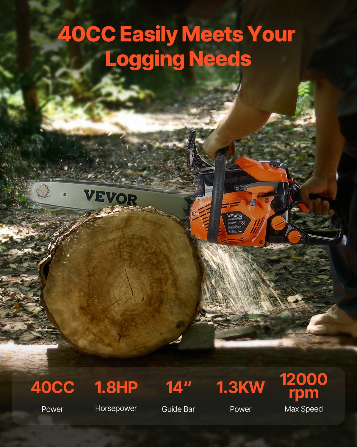 40 cc bensindriven motorsåg, 14 tums bensindriven motorsåg, 1,8 hk motorsåg med halkfritt handtag, bensindrivna motorsågar med dubbla bränsletankar, för vedkapning, trädbeskärning och markröjning