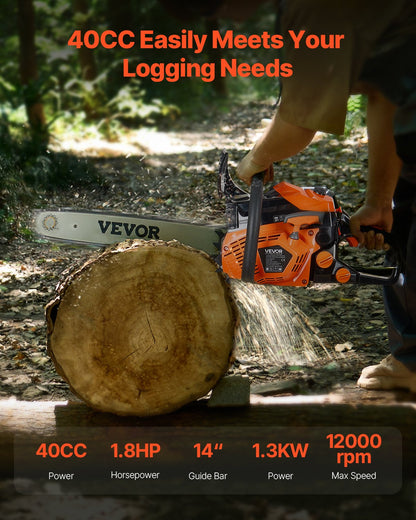 40 cc bensindriven motorsåg, 14 tums bensindriven motorsåg, 1,8 hk motorsåg med halkfritt handtag, bensindrivna motorsågar med dubbla bränsletankar, för vedkapning, trädbeskärning och markröjning