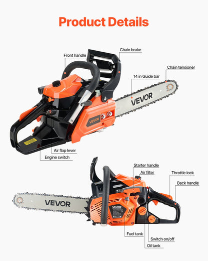 40 cc bensindriven motorsåg, 14 tums bensindriven motorsåg, 1,8 hk motorsåg med halkfritt handtag, bensindrivna motorsågar med dubbla bränsletankar, för vedkapning, trädbeskärning och markröjning