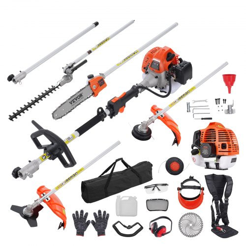33CC 6-in-1 Multi-Functional Trimming Tools, Gas Hedge Trimmer, Weed Eater, String Trimmer, Brush Cutter, Edger, Pole Saw Chainsaw Pruner with Extension Pole