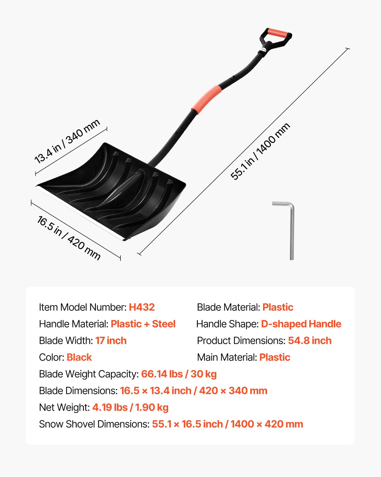 Snöskyffel för uppfart, 42 cm bred snöskyffel med D-formade handtag och aluminiumblad, snöplogsskyfflar med stor kapacitet, lätt snöborttagningsverktyg för trädgård, bil, camping, utomhusbruk