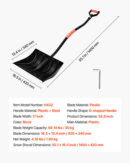 Snöskyffel för uppfart, 42 cm bred snöskyffel med D-formade handtag och aluminiumblad, snöplogsskyfflar med stor kapacitet, lätt snöborttagningsverktyg för trädgård, bil, camping, utomhusbruk