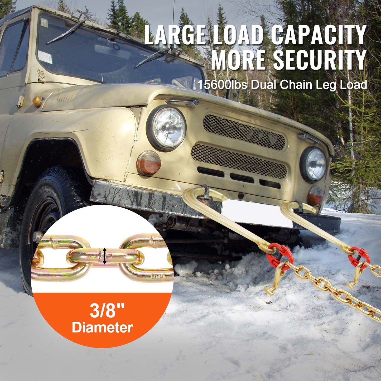 G80 V-kätting, 3/8" x 2' bogserkätting med 15" J-krokar, T-krokar och gripkrokar, dragkätting för kraftig transport med 7800 lbs säker arbetslast för bärgning av plattbäddslastbilar