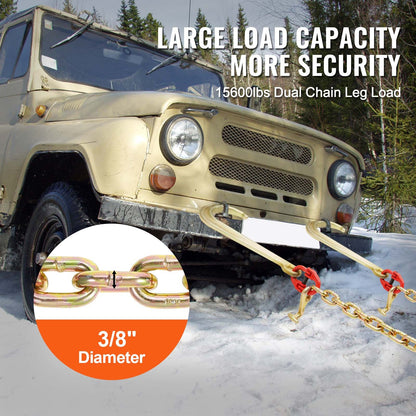 G80 V-kätting, 3/8" x 2' bogserkätting med 15" J-krokar, T-krokar och gripkrokar, dragkätting för kraftig transport med 7800 lbs säker arbetslast för bärgning av plattbäddslastbilar