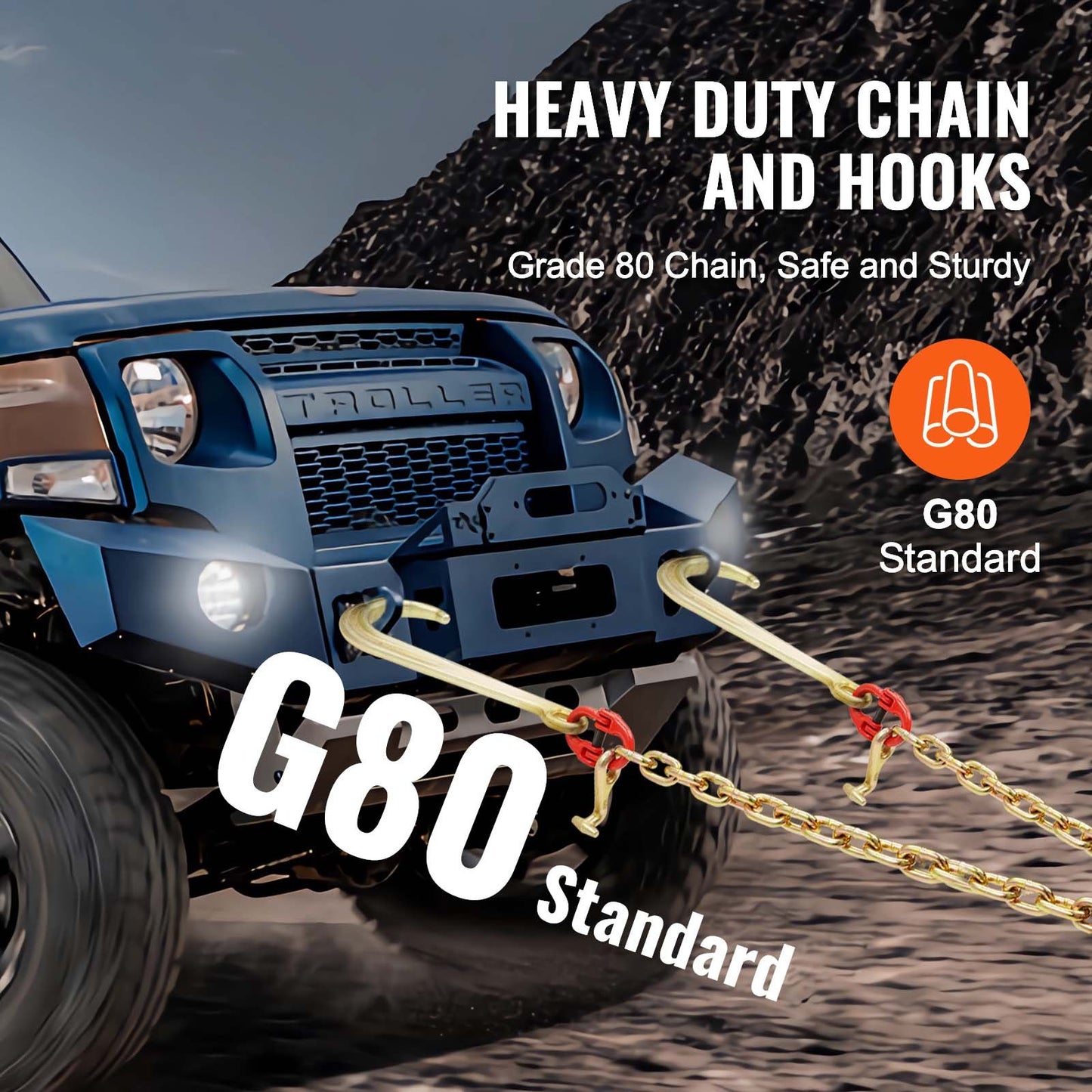 G80 V-kätting, 3/8" x 2' bogserkätting med 15" J-krokar, T-krokar och gripkrokar, dragkätting för kraftig transport med 7800 lbs säker arbetslast för bärgning av plattbäddslastbilar