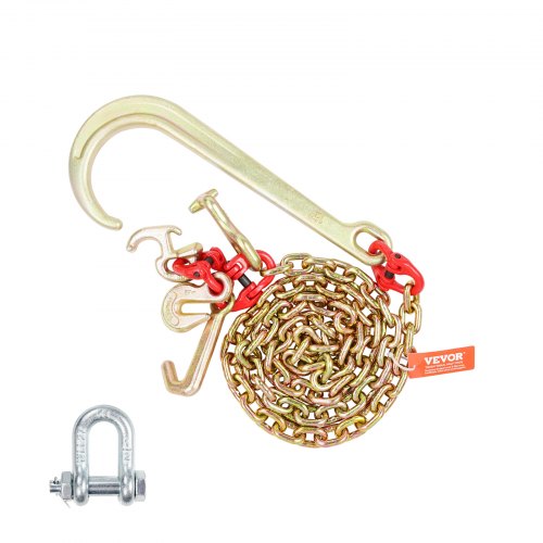 J-krokkedja, 5/16" x 6' G80 15" lång skaft J-krok dragkedja med RTJ klusterkrok och gripkrok, 5400 lbs säker arbetsbelastning, tung transportkedja för bogsering av släpvagnar