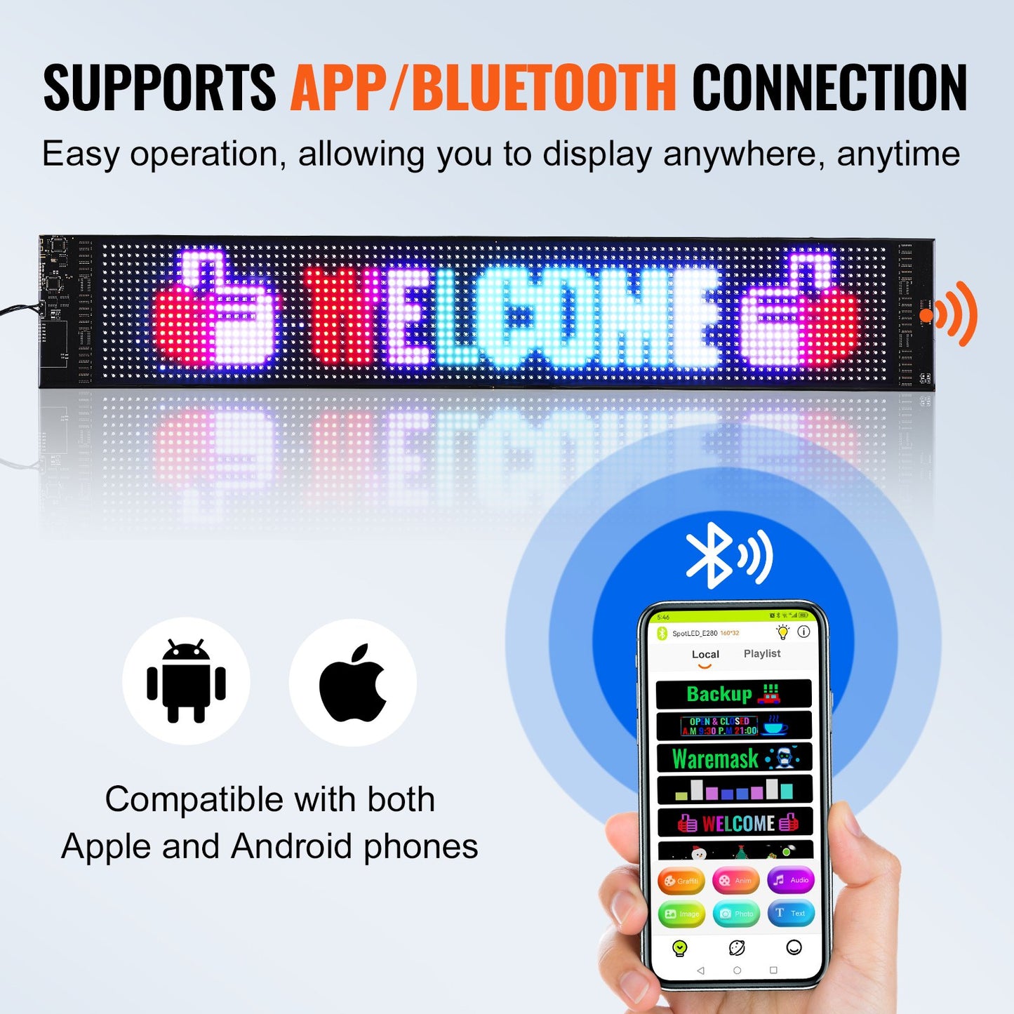 Programmable LED Sign, P6 Full Color LED Scrolling Panel, DIY Custom Text Animation Pattern Display Board, Bluetooth APP Control Message Shop Sign for Store Business Car Advertising, 68x12cm