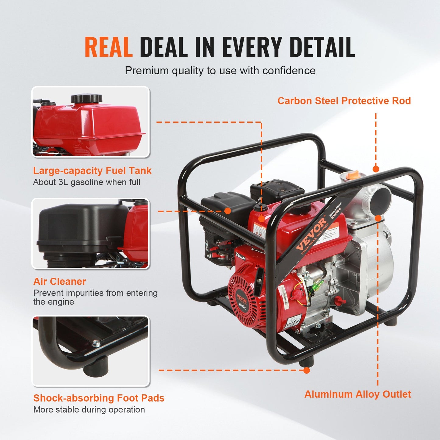 Gasoline Engine Water Pump, 7.6 cm Inlet/Outlet, 5.2 kW (7 HP), 1003.5 L/min, 43.3 m Lift, 6.7 m Suction, 4-Stroke Gas Powered Trash Water Transfer Pump with 7.6 m Hose for Irrigation Pool, EPA Certified