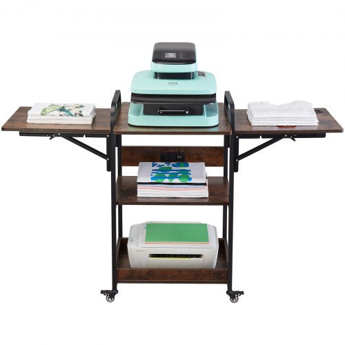 Heat Press Table with Charging Station, 3 Tier Movable Heat Press Stand, Foldable Heat Transfer Machine Stand with Wheels, Rolling Metal Workbench for Sublimation Transfer Machine, Brown