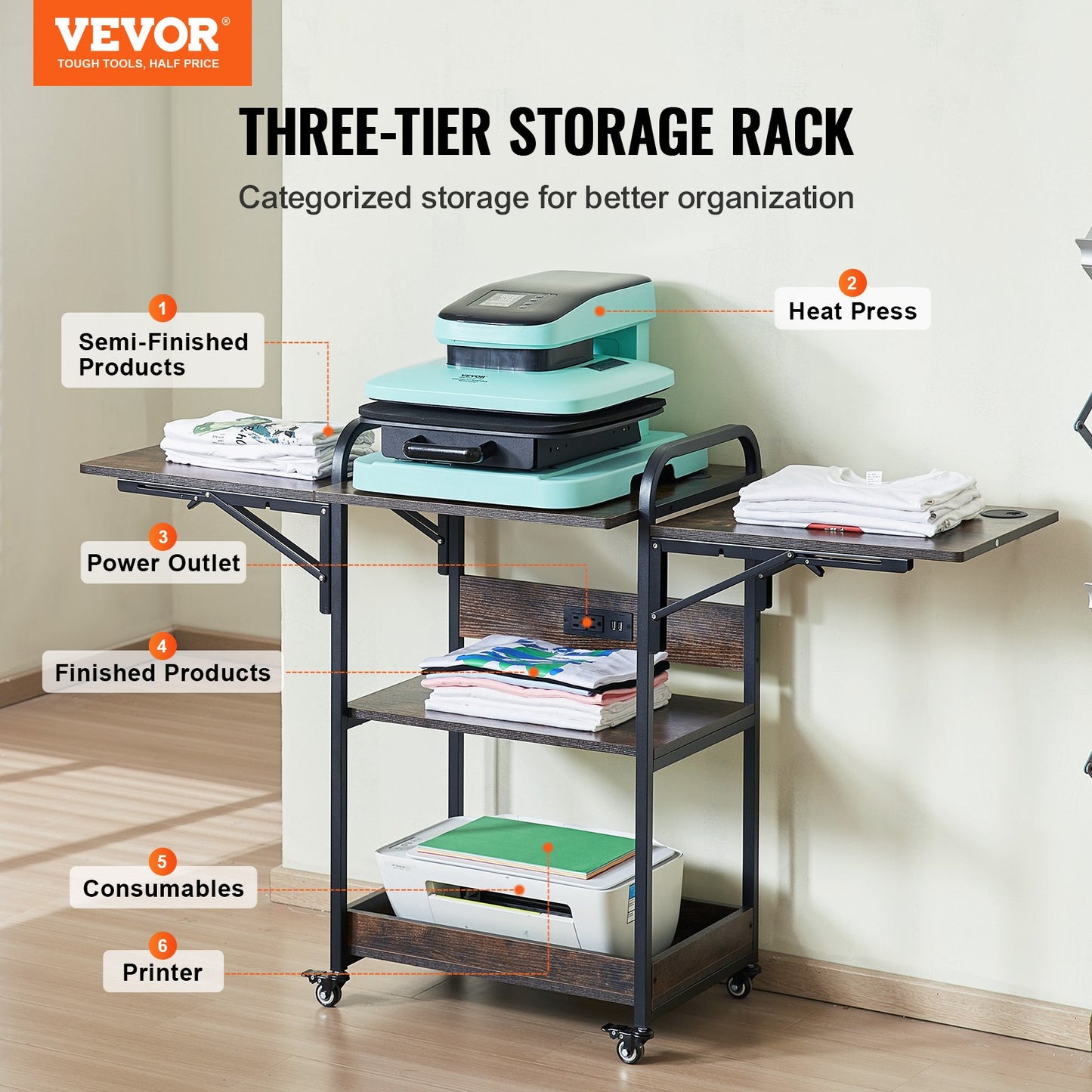 Värmepressbord med laddningsstation, flyttbart värmepressstativ i 3 nivåer, hopfällbart stativ för värmeöverföringsmaskin med hjul, rullande metallarbetsbänk för sublimeringsöverföringsmaskin, brun