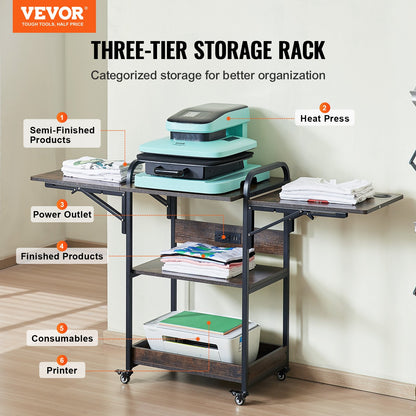 Värmepressbord med laddningsstation, flyttbart värmepressstativ i 3 nivåer, hopfällbart stativ för värmeöverföringsmaskin med hjul, rullande metallarbetsbänk för sublimeringsöverföringsmaskin, brun