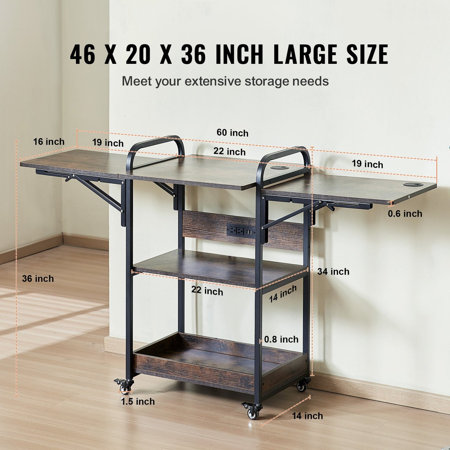 Värmepressbord med laddningsstation, flyttbart värmepressstativ i 3 nivåer, hopfällbart stativ för värmeöverföringsmaskin med hjul, rullande metallarbetsbänk för sublimeringsöverföringsmaskin, brun