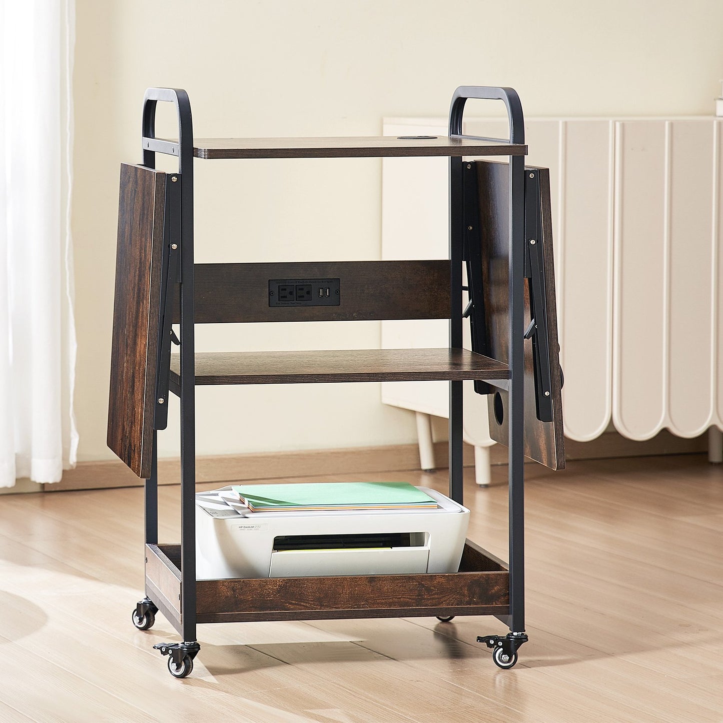 Värmepressbord med laddningsstation, flyttbart värmepressstativ i 3 nivåer, hopfällbart stativ för värmeöverföringsmaskin med hjul, rullande metallarbetsbänk för sublimeringsöverföringsmaskin, brun