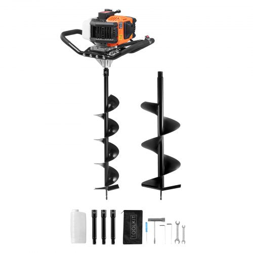 Post Hole Digger Gas Powered, 52CC 1450W Earth Auger, Gas Auger with 6” & 10” Auger Drill Action Design Bits & 3 Extension Rods, Post Fence Hole Digger for Farmland Garden Plant, Orange+Black