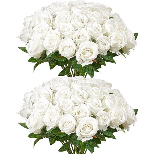 Artificial Flowers, 60 pcs Real Looking White Foam Fake Roses Bulk, White Faux Bridal Shower with Stems for DIY Wedding Bouquets, Home Centerpieces Arrangements, Party Tables Decorations