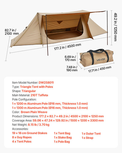 Campingtält, lätt bushcrafttält med spisjack och 2 presenningsstänger, vattentäta vintertält med skydd, bärbara 4-säsongstält för 2 personer vandring fiske jakt backpacking