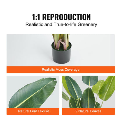 Konstgjorda paradisfågelträd, 1,5 m hög konstgjord växt, PE-material och tippskydd, lättskött växt, naturtroget grönt konstgjord träd för hemmakontor, lagerdekoration, inomhus- och utomhusbruk