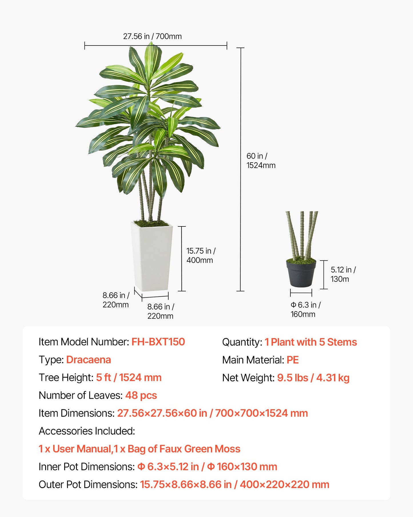 Artificial Dracaena Tree 1524 mm, Fake Palm Tropical Plants with White Tall Planter, Faux Floor Silk Plant in Pot, Large Trees for Home Office Living Room Decor House Warming, Indoor Outdoor