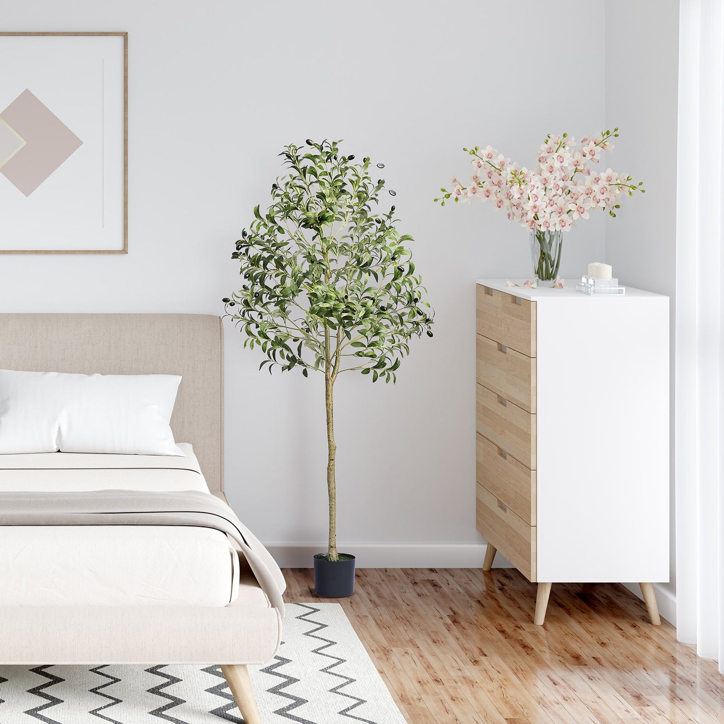 Konstgjort olivträd, 1,5 m hög konstväxt, säkert PE-material och tippskydd, lättskött växt, naturtroget grönt konstgjort krukträd för hemmakontor, lagerdekoration, inomhus- och utomhusbruk