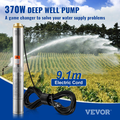 Deep Well Submersible Pump, 370W 230V 50Hz, 5.3 m³/h Max Flow 50 m(164 ft) Max Head, with 9.1 m Electric Cord, Stainless Steel Water Pumps for Industrial Irrigation and Home Use, IP68 Waterproof Grade