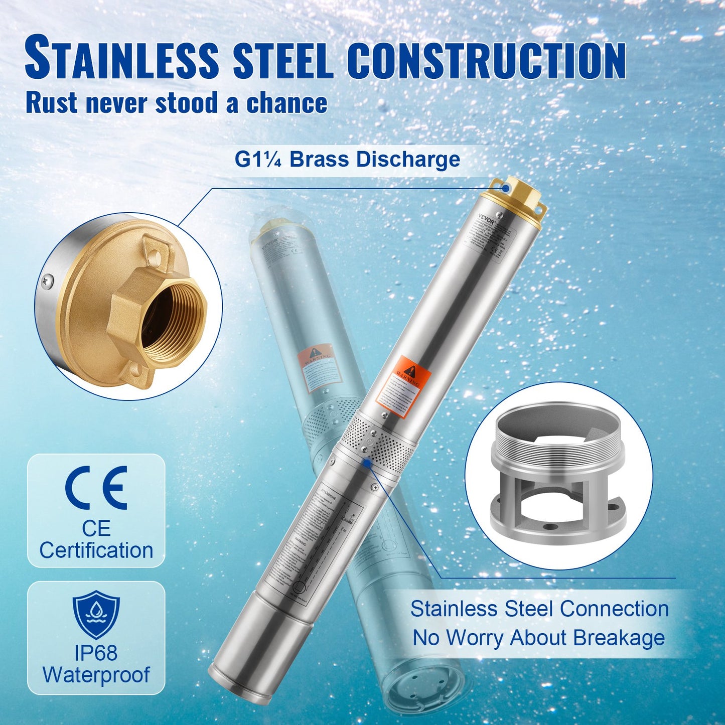 Deep Well Submersible Pump, 370W 230V 50Hz, 5.3 m³/h Max Flow 50 m(164 ft) Max Head, with 9.1 m Electric Cord, Stainless Steel Water Pumps for Industrial Irrigation and Home Use, IP68 Waterproof Grade