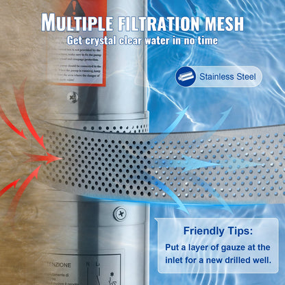 Deep Well Submersible Pump, 370W 230V 50Hz, 5.3 m³/h Max Flow 50 m(164 ft) Max Head, with 9.1 m Electric Cord, Stainless Steel Water Pumps for Industrial Irrigation and Home Use, IP68 Waterproof Grade