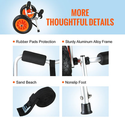 Kraftig kajakvagn, 113,4 kg lastkapacitet, hopfällbar kanotvagn med 25,4 cm solida däck, halkfri stödfot och surrband, för kajaker, kanoter, paddelbrädor, flytmattor, Jon Boats