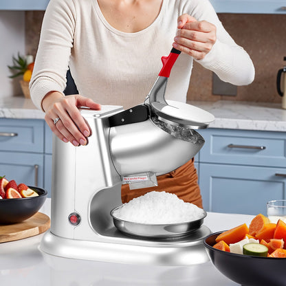 Ice Crusher Machine, 100kg Per Hour Electric 4 Blades Snow Cone Maker, Stainless Steel Shaved Ice Machine with Bowl and Cover, 300W 2000RPM Ice-Shaver for Home and Commercial Use, Silver