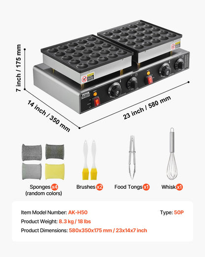 50PCS Mini Dutch Pancake Maker, Non-stick Stainless Steel Dorayaki Baker, 1800W Commercial Electric Poffertjes Grill Pan, Dual Temp & Time Control, for Kitchen Restaurant Breakfast Dessert