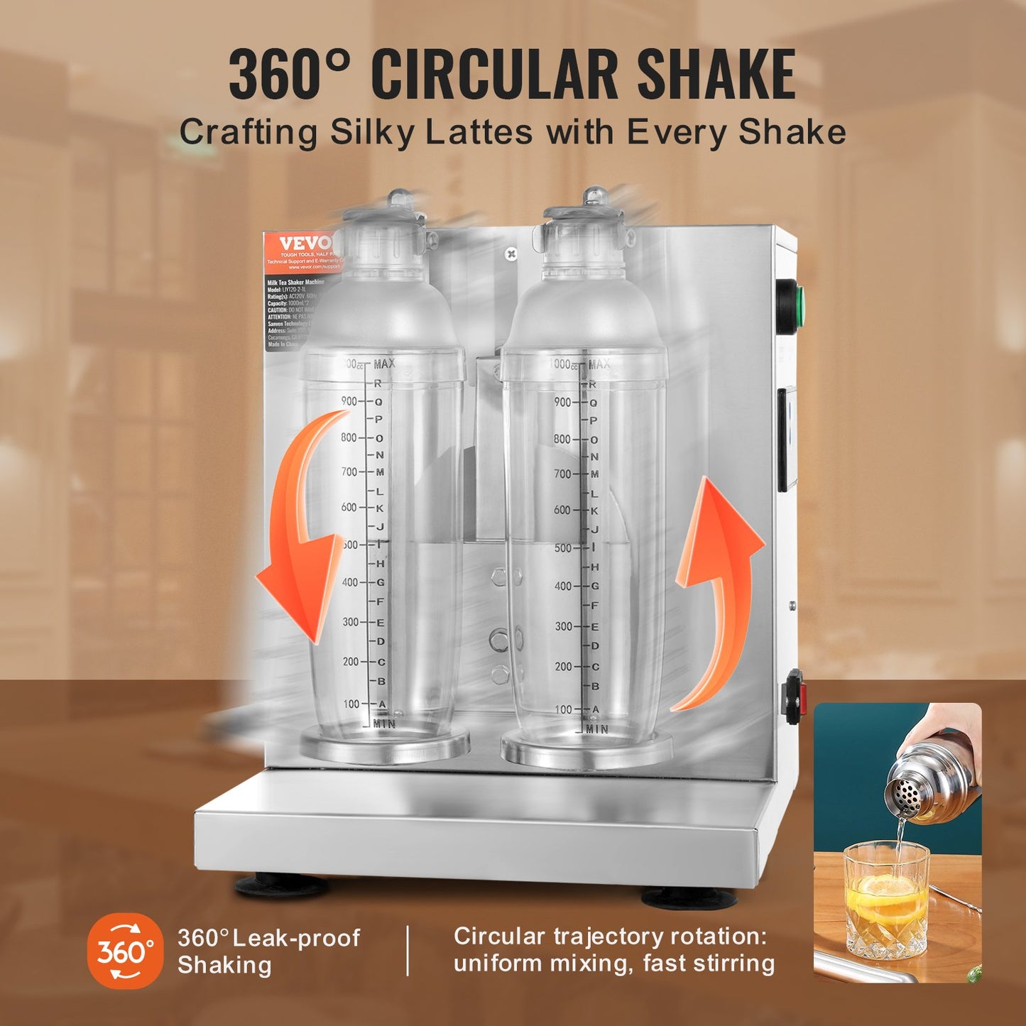 Milkshakemaskin, 120W kommersiell mjölkte-shaker, milkshake-mixer med dubbla huvuden, justerbar milkshake-mixer med 0-180s, med 1 l PC-kopp, för mjölkte-butik