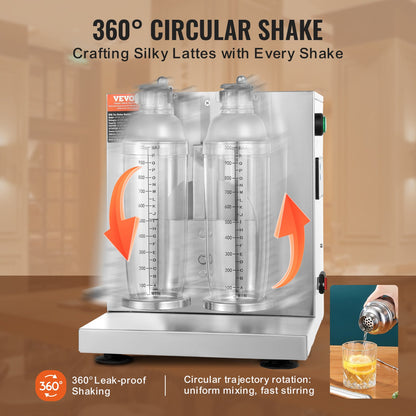 Milkshakemaskin, 120W kommersiell mjölkte-shaker, milkshake-mixer med dubbla huvuden, justerbar milkshake-mixer med 0-180s, med 1 l PC-kopp, för mjölkte-butik
